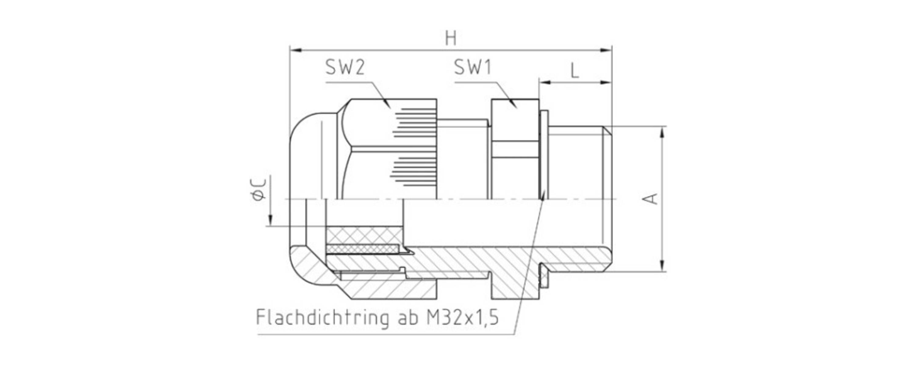 Technische Zeichnung einer mechanischen Komponente mit beschrifteten Abmessungen: H, SW2, SW1, L. Beinhaltet eine Querschnittsansicht mit Details des Dichtungsrings.