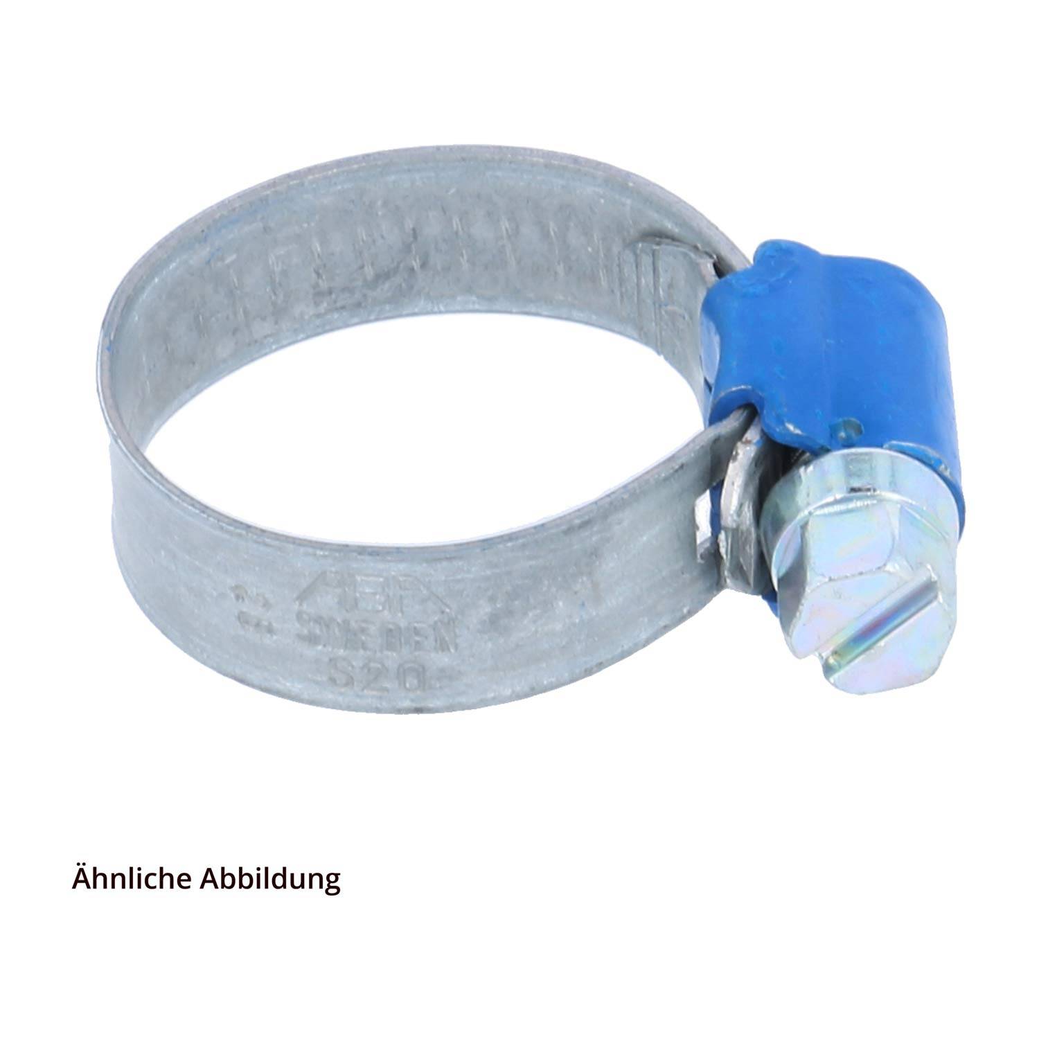 Eine Metallschlauchschelle mit einem blauen Spannschraubendreher, die zum Sichern von Schläuchen verwendet wird, vor einem einfarbigen Hintergrund.