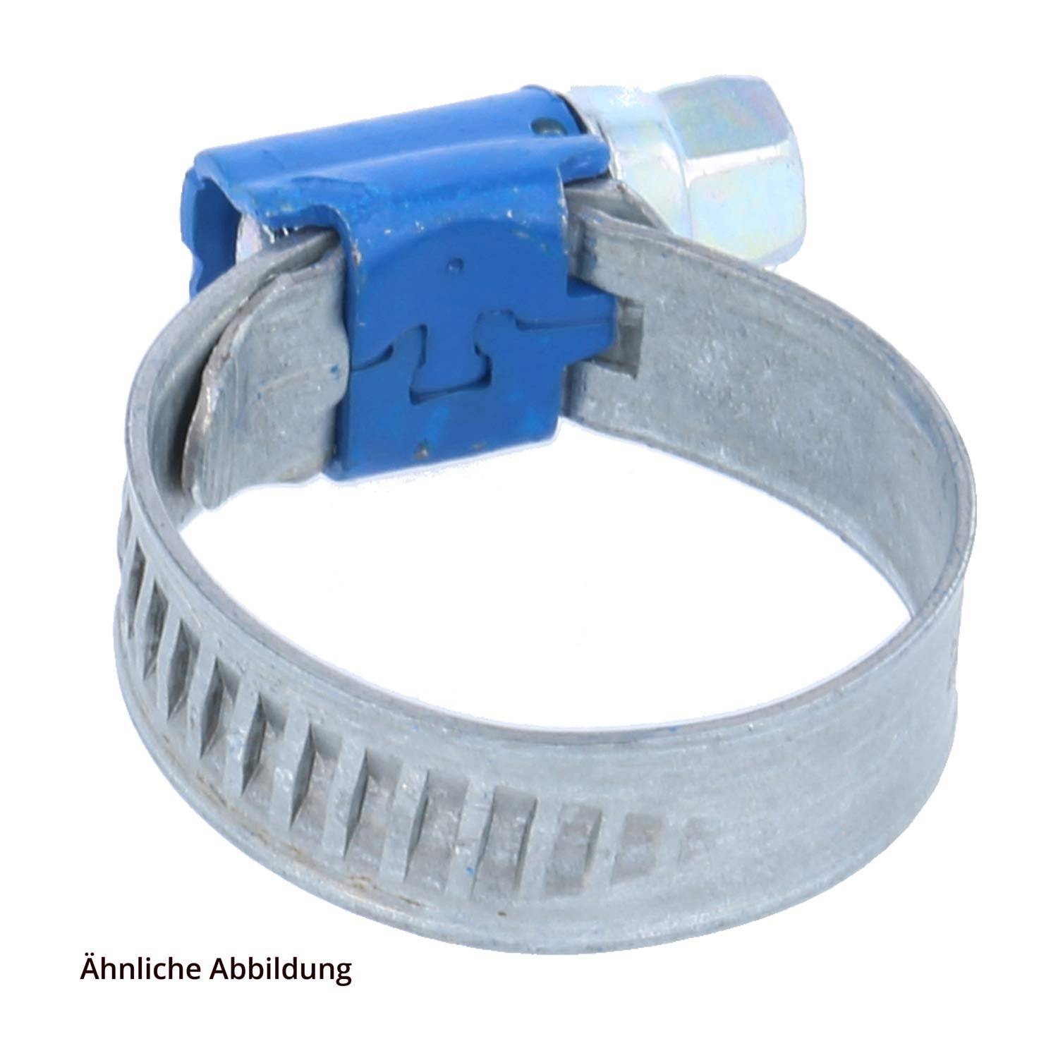 Eine Metallschlauchschelle mit Schraubmechanismus und blauer Ummantelung zum Festziehen, die verwendet wird, um Schläuche oder Rohre zu befestigen.