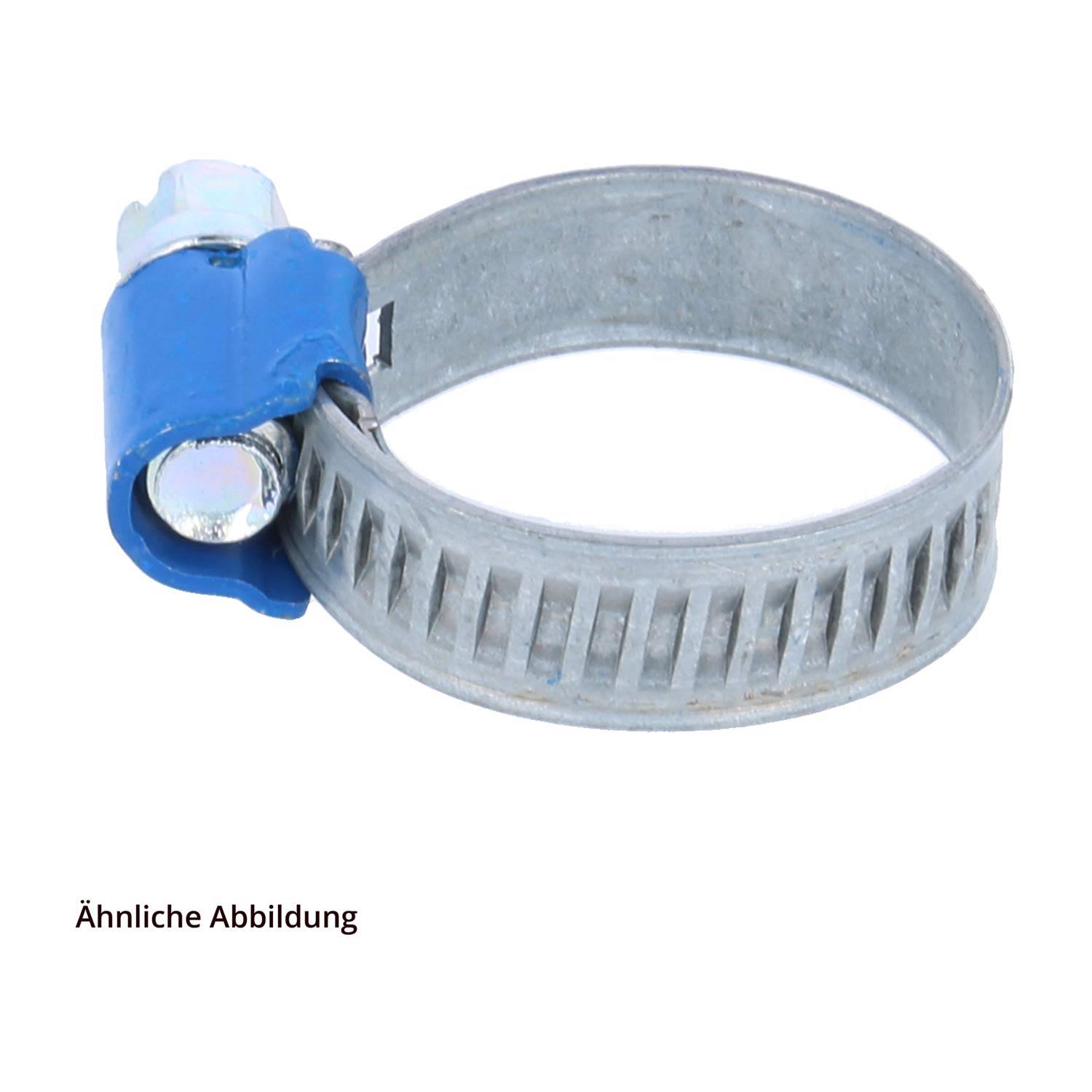 Eine Metallschlauchklemme mit einem blauen Schraubmechanismus, die zum Befestigen von Schläuchen oder Rohren verwendet wird.
