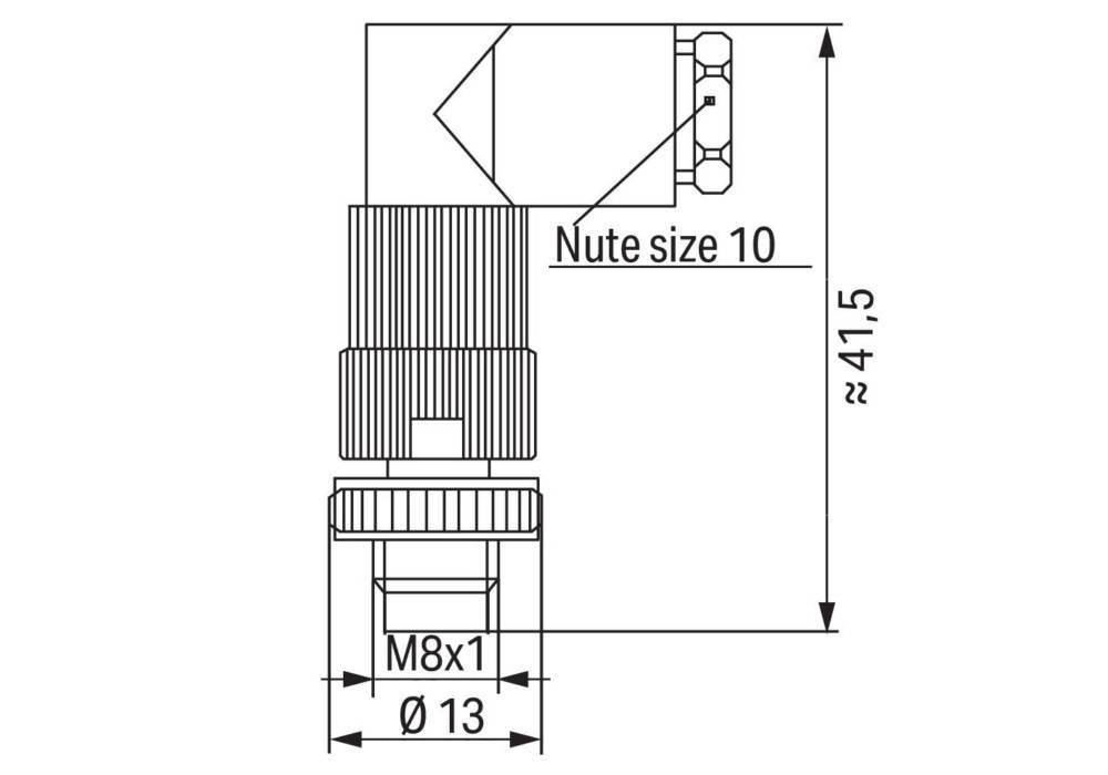 Technische Zeichnung eines L-förmigen mechanischen Bauteils mit Angabe der Nuten-Größe 10, M8x1-Gewinde und einem Durchmesser von 13 mm. Gesamtlänge beträgt ungefähr 41,5 mm.