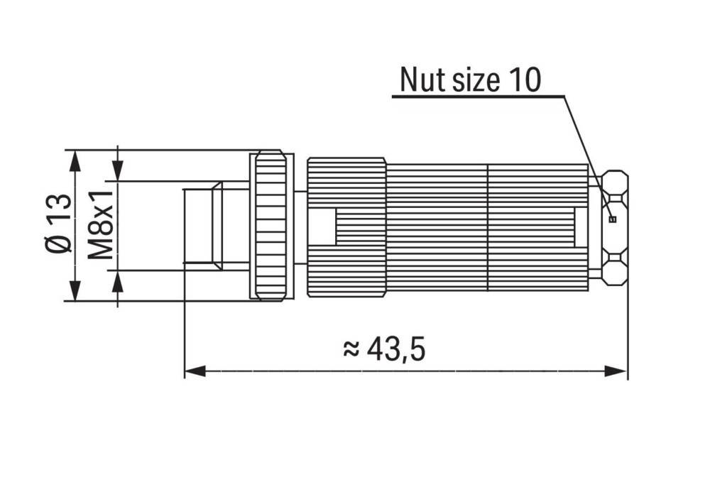 Diagramm einer Mutter mit parallelen vertikalen Linien-Textur, beschriftet mit 'Mutterngröße 10'. Die Abmessungen umfassen eine Länge von ungefähr 43,5 Einheiten.