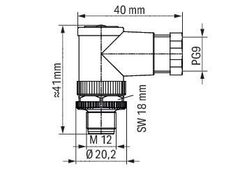 Technische Zeichnung eines L-förmigen Verbinders mit Abmessungen: Höhe 41 mm, Breite 40 mm, Basis 18 mm. Verbinder mit PG9-Kennzeichnung und M12-Gewinde.