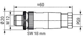 Eine technische Zeichnung eines zylindrischen Objekts mit beschrifteten Abmessungen; Länge markiert mit ungefähr 60 Einheiten, Breite SW 18 mm.