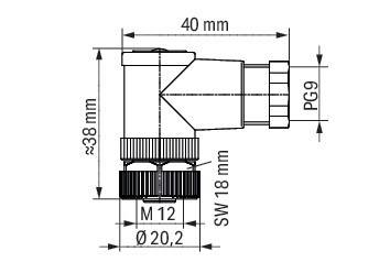 Technische Zeichnung eines Verbinders: 40 mm Länge, 38 mm Höhe, enthält M12-Gewinde, 18 mm Schlüsselweite, PG9-Gewindegröße, 20,2 mm Durchmesser.