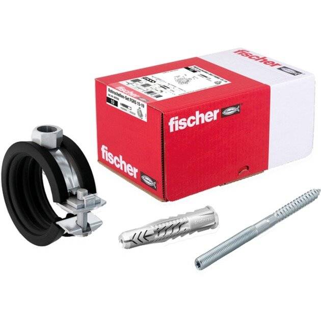 Fischer-Befestigungsset mit schwarzem Rohrschellenklemmer, Wandanker und Gewindestange neben einer rot-weißen Produktschachtel.