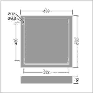 Diagramm einer quadratischen Struktur mit äußeren Abmessungen von 630x630 und inneren Abmessungen von 532x480. Ausgestattet mit zwei Lochdurchmessern: 12 und 6,5.