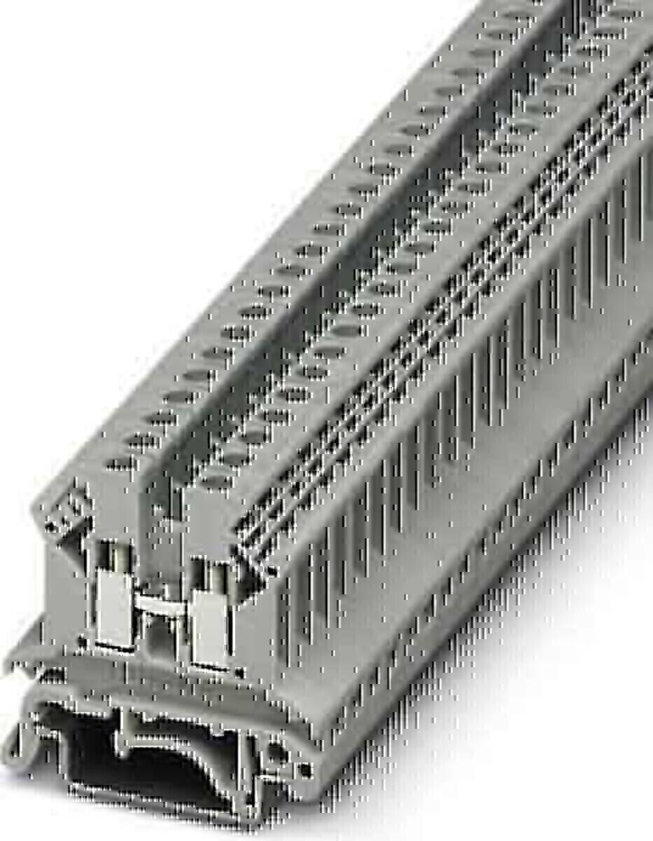 Ein grauer modularer Klemmenblock, der in elektrischen Installationen verwendet wird und Anschlusspunkte zum Befestigen mehrerer Drähte aufweist.