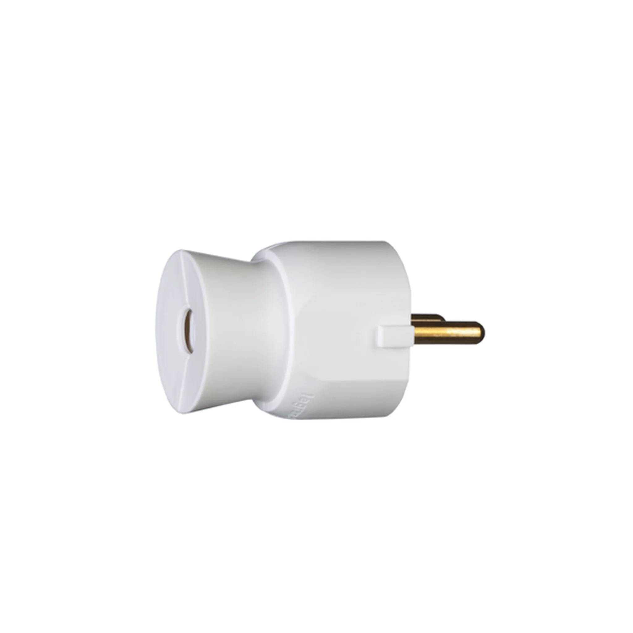 Weißer Stromaadapter mit zwei runden Stiften, gezeigt auf einem einfachen weißen Hintergrund.