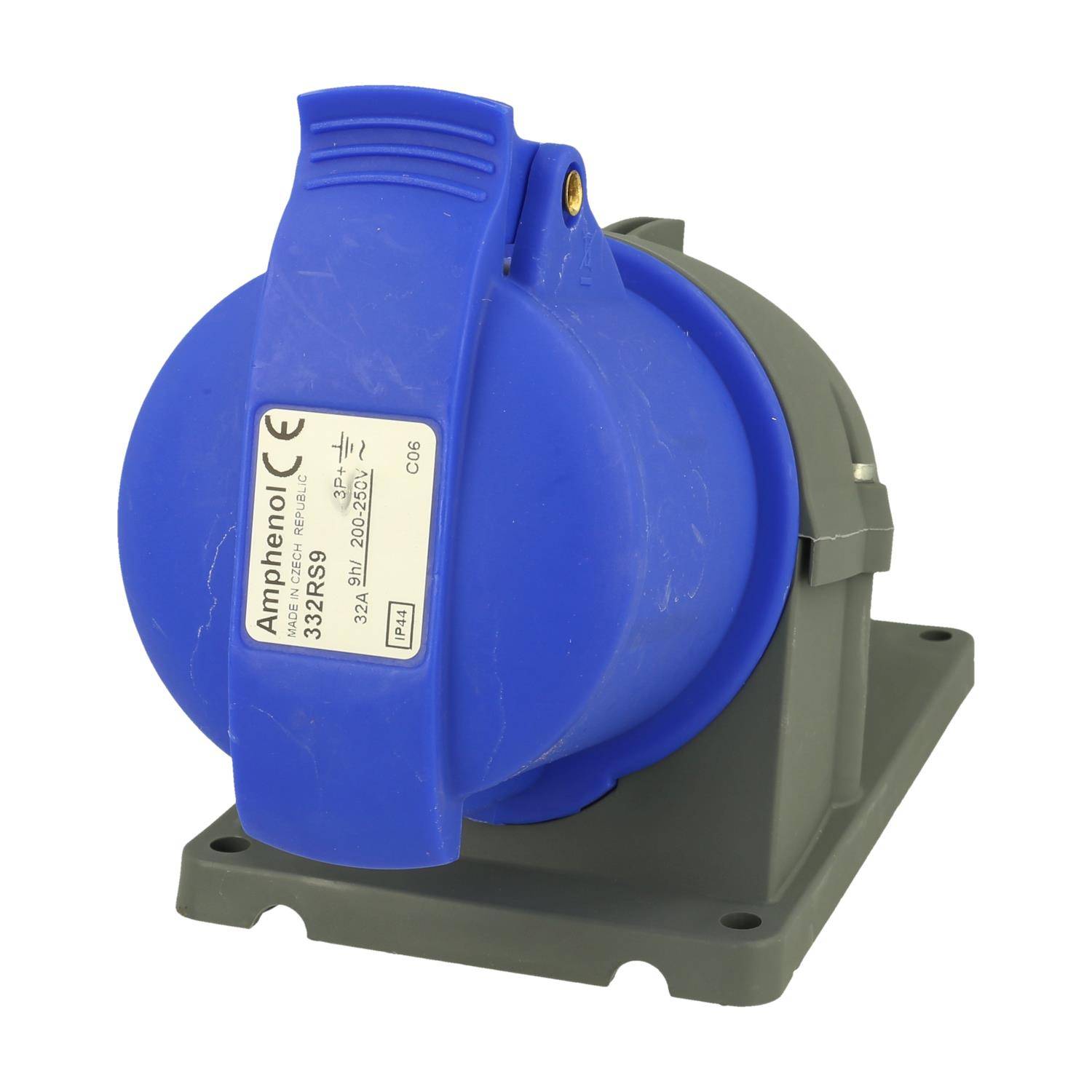 Blaue industrielle Steckdose auf einer grauen Basis, beschriftet mit 'Amphenol 32A 250V'.