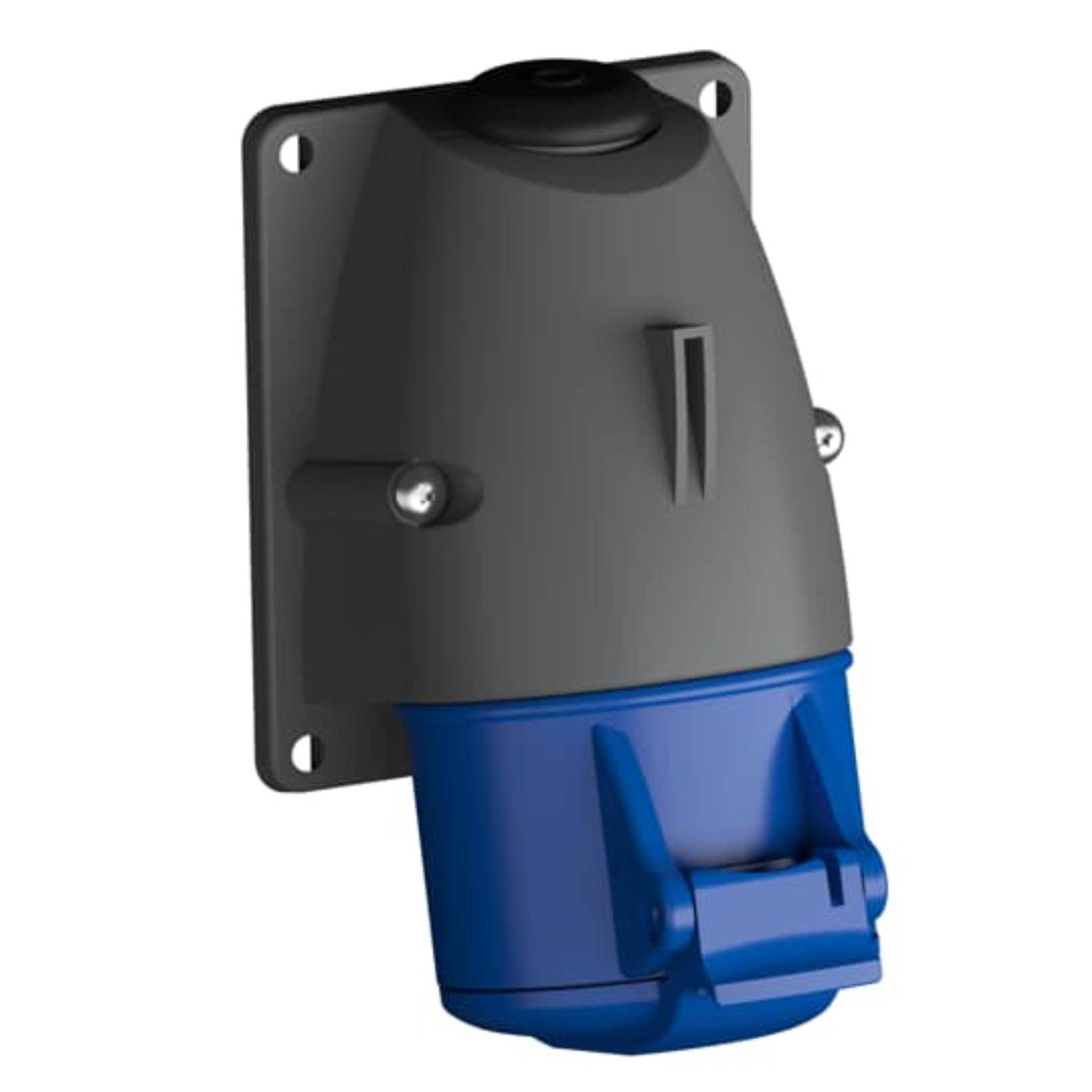 Gehäusesteckdose Buchse 63A 480V 3P+E IP67 in blau und grau, ideal für industrielle elektrische Verbindungen.