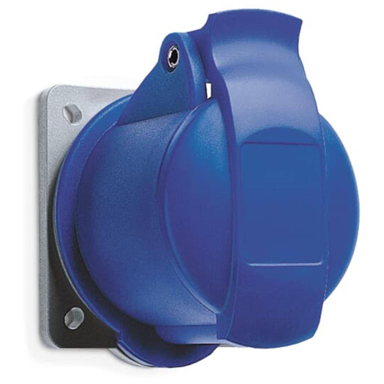 Blaue wandmontierte rotierende Steckdose mit Schutzdeckel, die durch Schrauben an jeder Ecke befestigt ist.