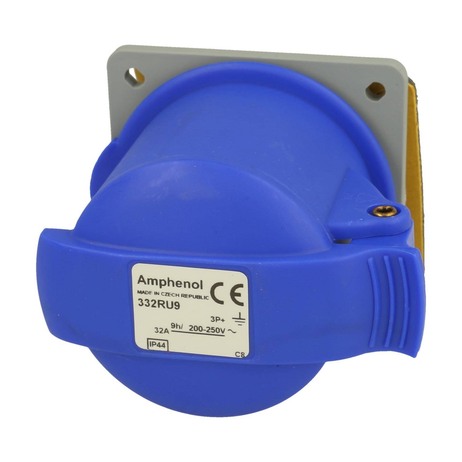 Ein blauer Amphenol industrieller Elektrostecker mit Identifikationsetikett '332RU9', ausgelegt für 32A, 9h, 200-250V, IP44.