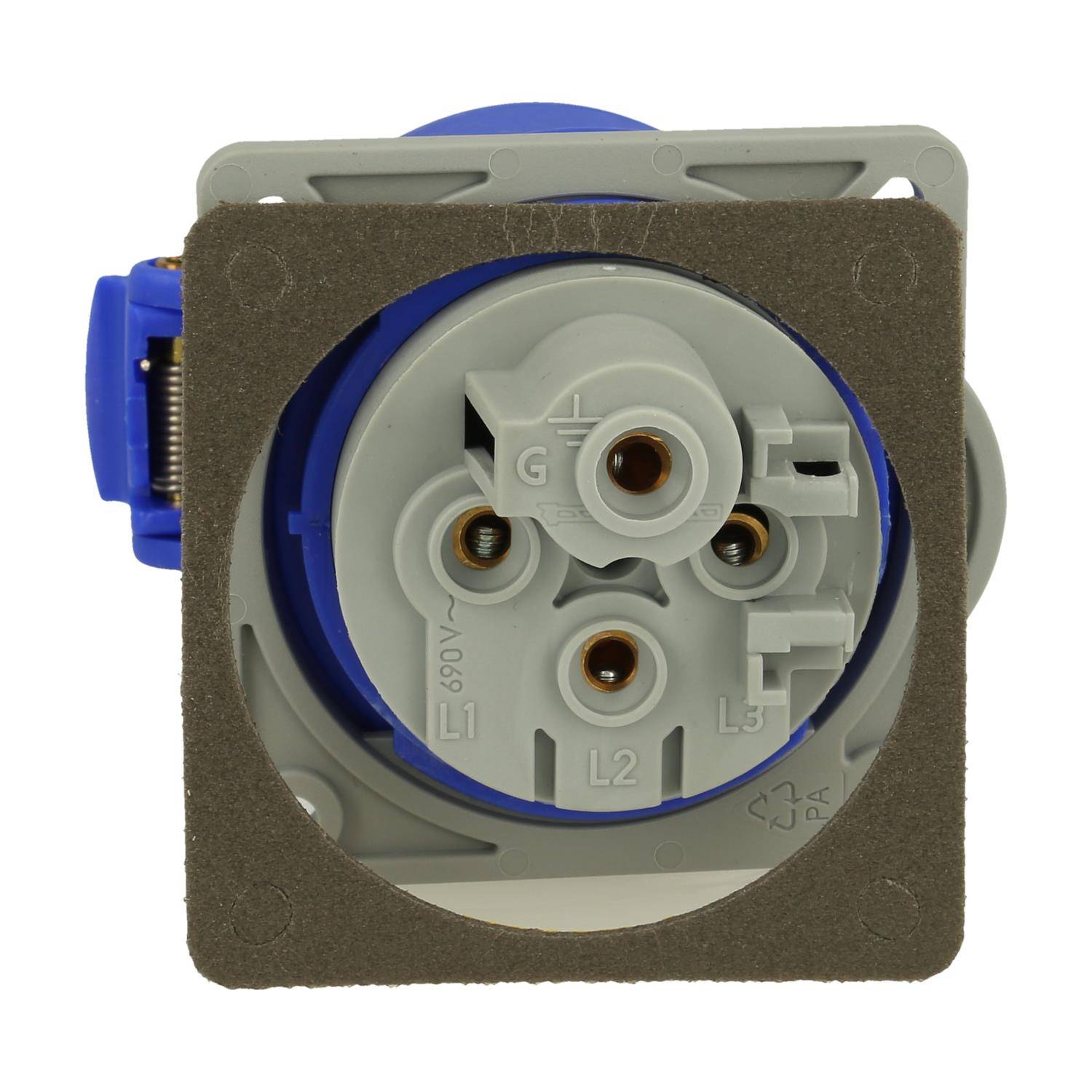 2CMA193252R1000 Amphenol 32 Ampere CEE Einbausteckdose 4-polig (3P+PE) Buchse, Kodierung 9h blau 200/250V Frequenz 50