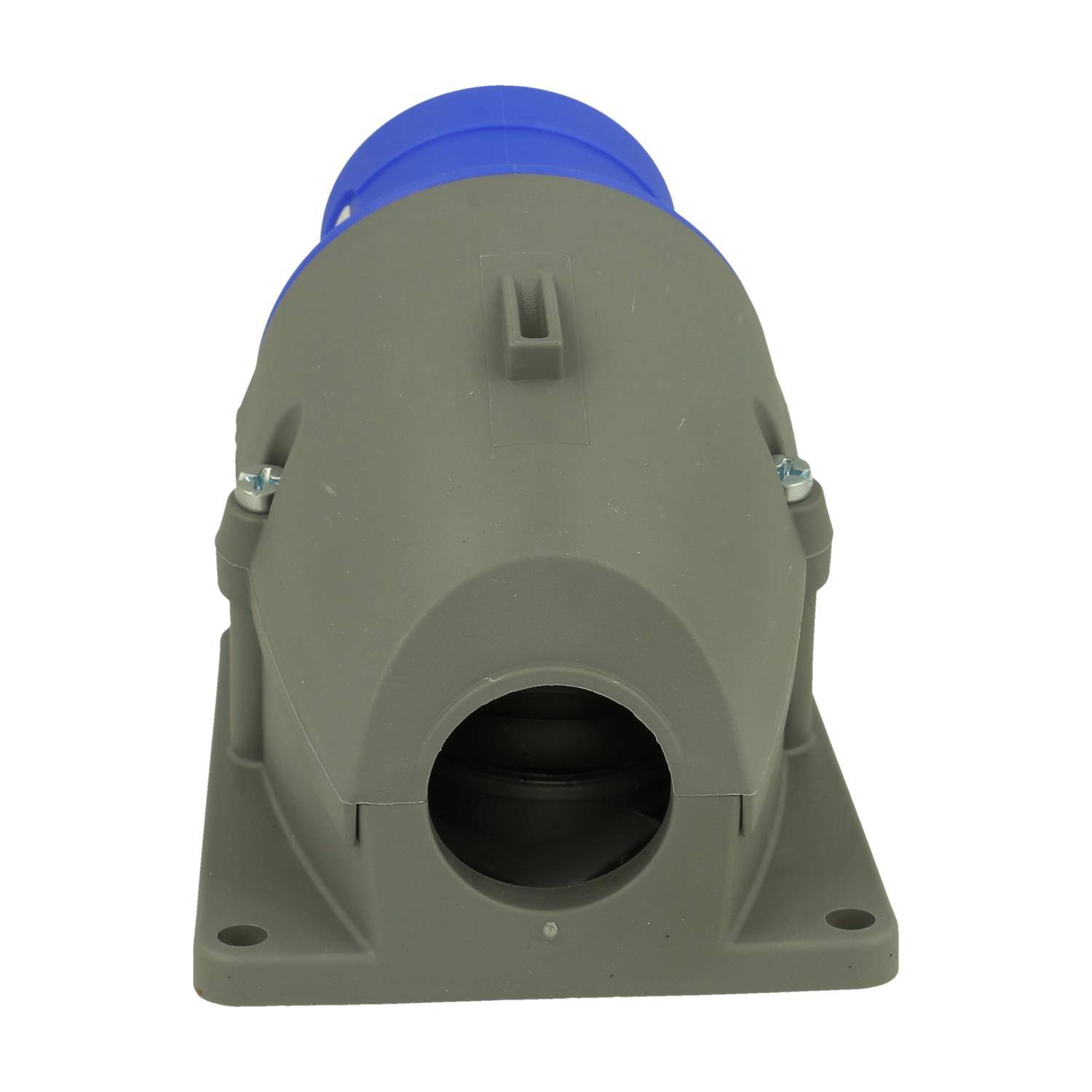 Eine Nahaufnahme eines blauen und grauen elektrischen Anschlusses, die die Buchsenöffnung zeigt.