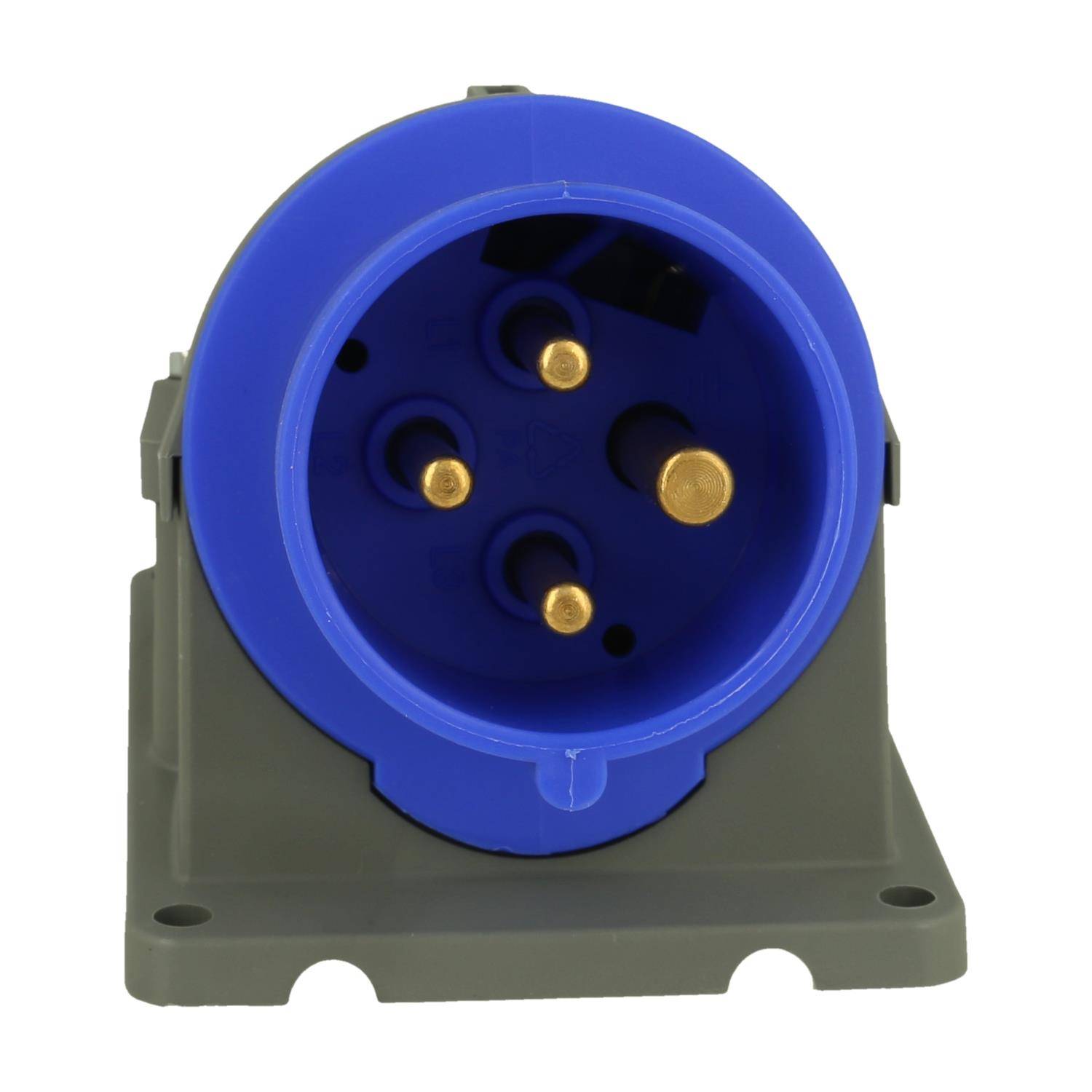 Dreipol-Industriesteckdose, blaues zylindrisches Design mit grauer Montagebasis, verwendet für elektrische Verbindungen.