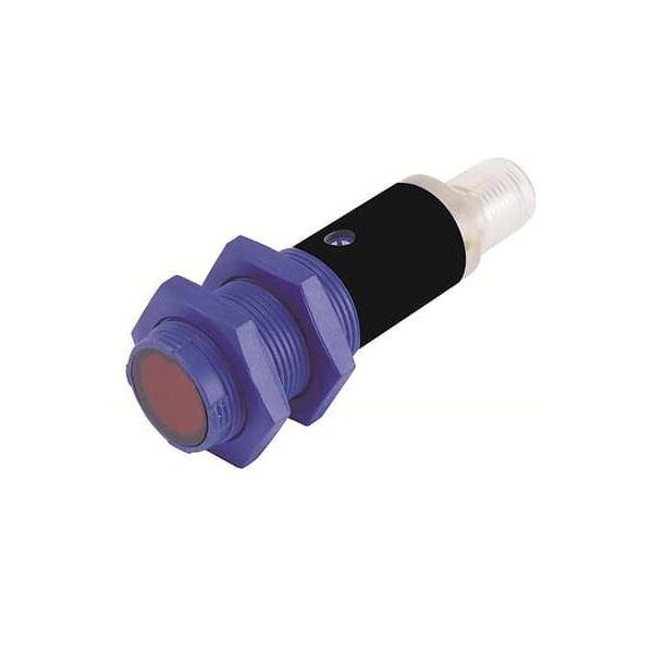 Ein zylindrischer Sensor mit einem blauen Gehäuse und einer rot getönten Spitze, der typischerweise zur Objekterkennung in Automatisierungsprozessen verwendet wird.