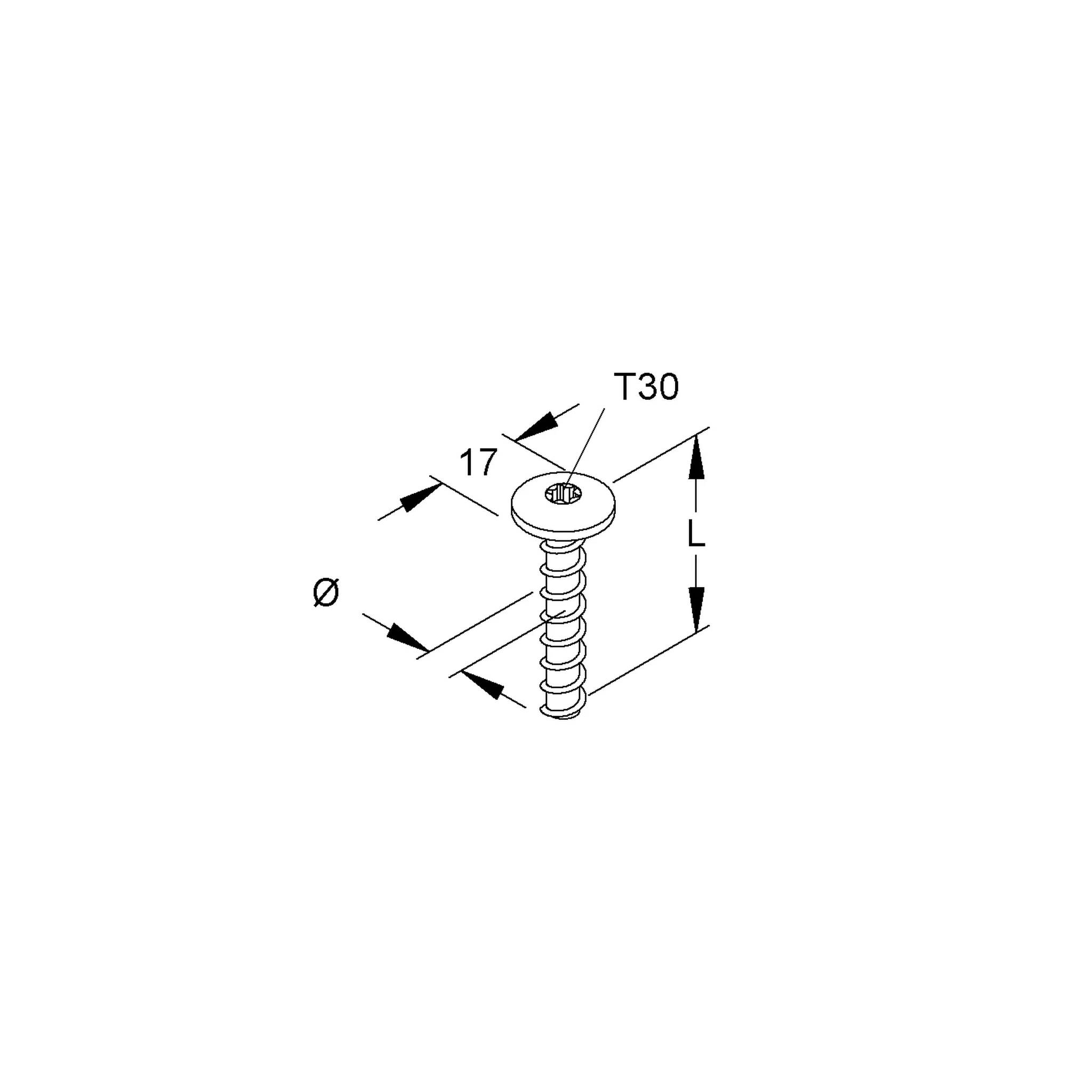 Technisches Diagramm einer Schraube mit Torx T30-Antrieb, 17 mm Kopfdurchmesser und Länge L mit markiertem Durchmesser Ø.