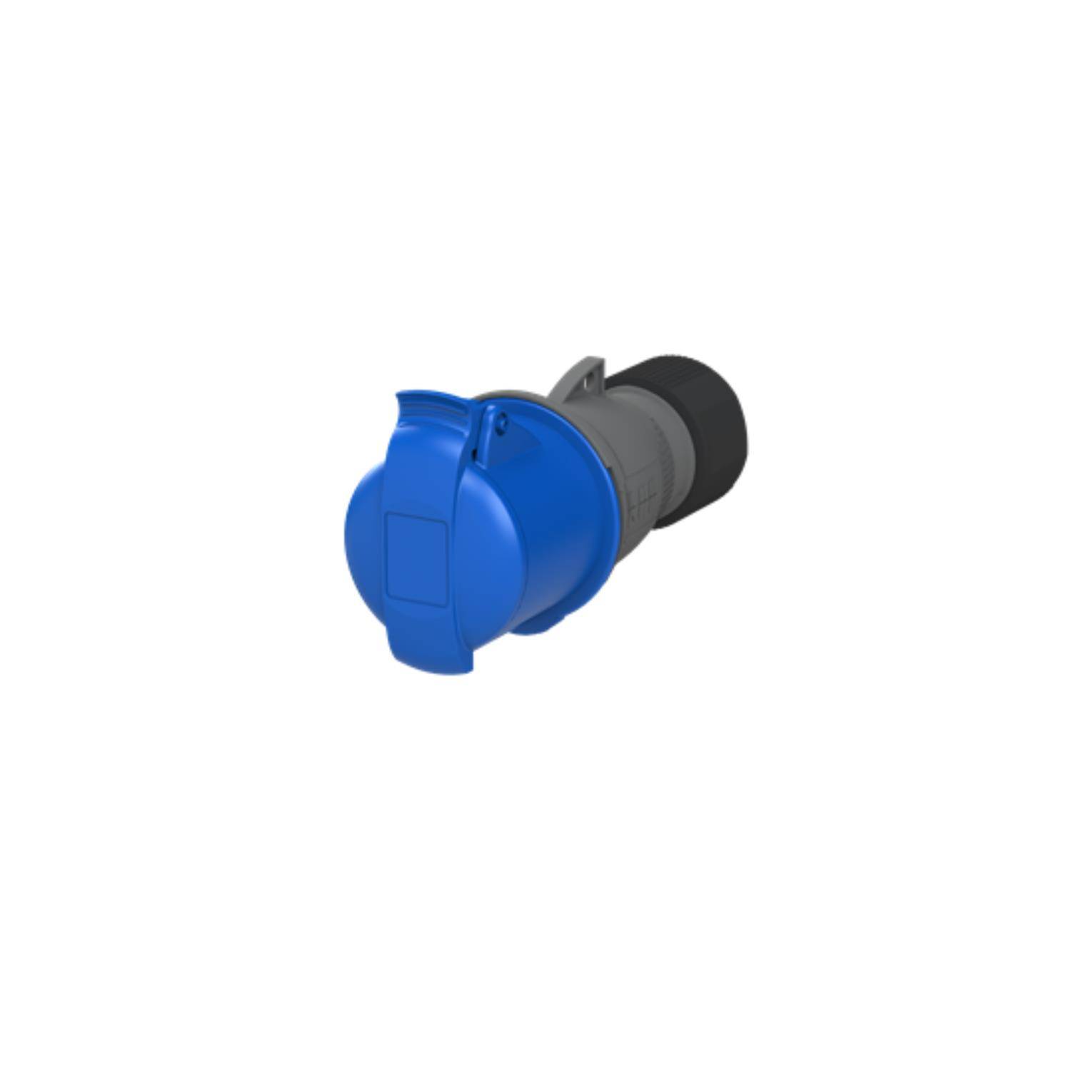 Ein blauer elektrischer Stecker oder eine Steckdose mit Schutzabdeckung, für industrielle Verwendung konzipiert.