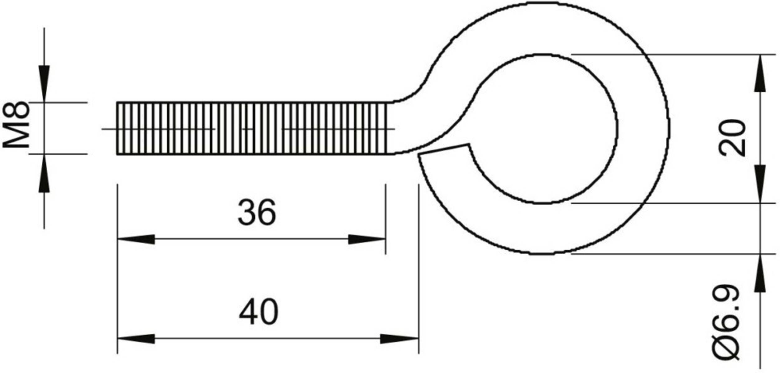 Technische Zeichnung eines mechanischen Bauteils mit zwei horizontalen Pfeilen, die mit '36' und '40' beschriftet sind und die Breite des Abschnitts angeben.