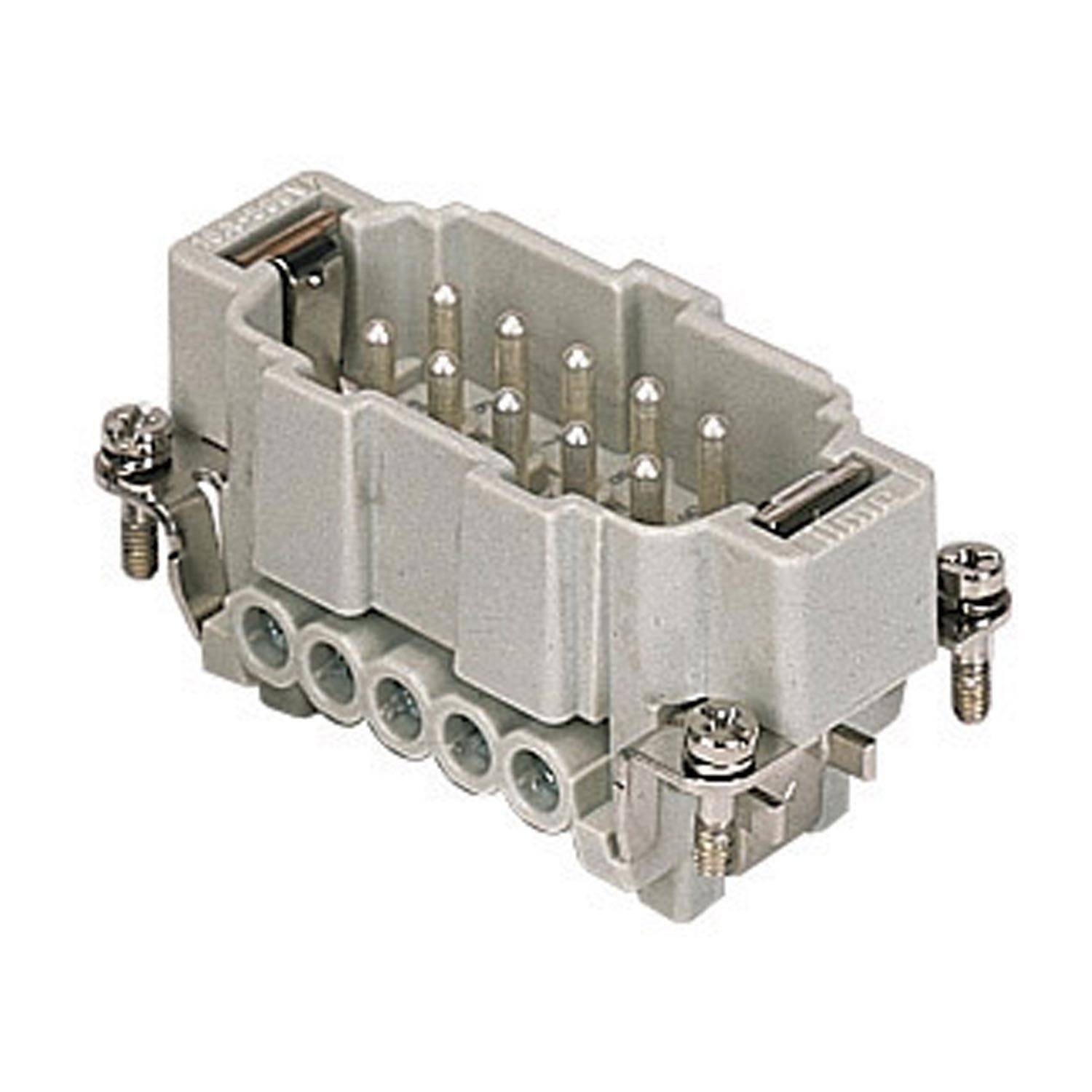 Ein grauer Elektroanschluss mit mehreren Stiften und Befestigungsschrauben, verwendet für industrielle Verkabelungsanwendungen.