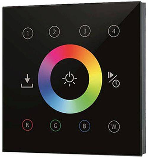 LED-Controller mit Touchscreen mit Zahlen 1-4, Farbrad und Symbolen für Helligkeit und Stummschaltung auf schwarzem Hintergrund.