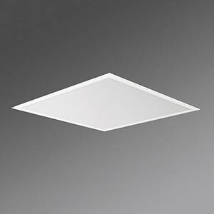 Eine quadratische, weiße Deckenplatte, die vor einem grauen Hintergrund leuchtet und typischerweise in Büros zur gleichmäßigen Beleuchtung verwendet wird.