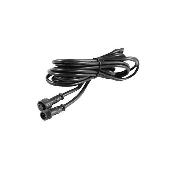 Gerolltes schwarzes Kabel mit zwei runden Steckverbindern auf weißem Hintergrund.