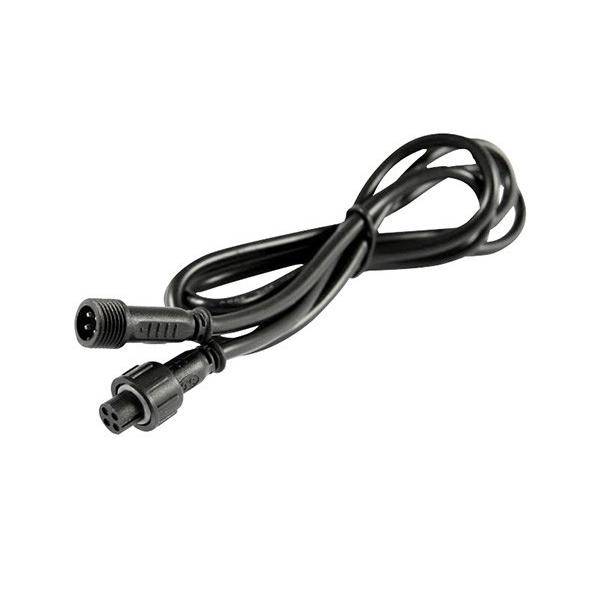 Schwarzes Kabel mit zwei runden Steckern, ein gewindeloses weibliches Ende und ein kleines Multi-Pin-Steckerendes, auf weißem Hintergrund dargestellt.
