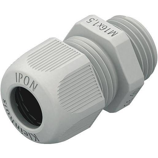 Eine graue mechanische Kabeleinführung mit gerillter Oberfläche, mit der Aufschrift 