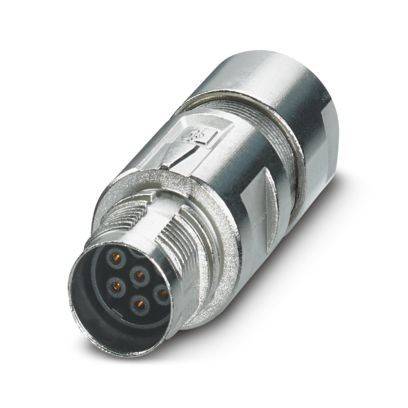 Ein silberner kreisförmiger Mehrpin-Stecker mit fünf Stiften, in schräger Ansicht dargestellt, wobei sein metallischer Glanz und der Gewindelabschnitt hervorgehoben werden.