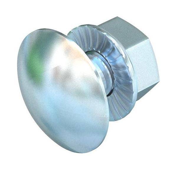 Eine glänzende, konkave Metallscheibe mit einer gerillten, kreisförmigen Basis verbindet sich mit einer Sechskantmutter. Das Design deutet auf einen Befestigungsmechanismus hin.