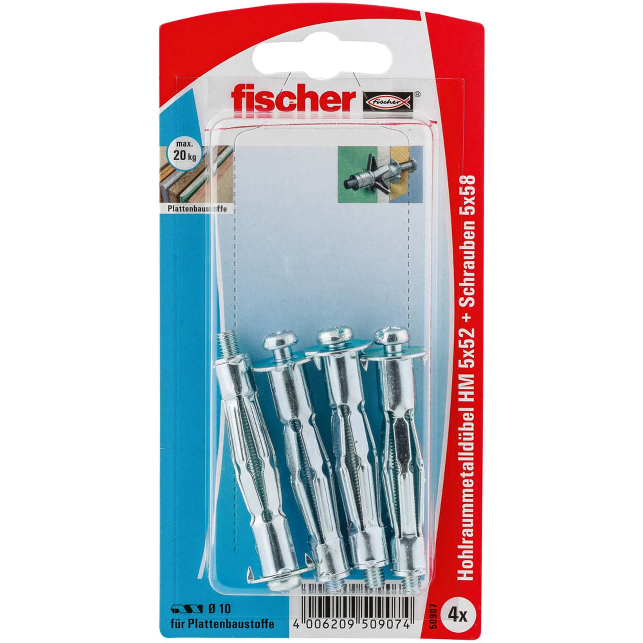 Paket Fischer Metall-Hohlraumdübel und Schrauben, 4er-Set für Hohlwände und Gipskarton, max. 20 kg.