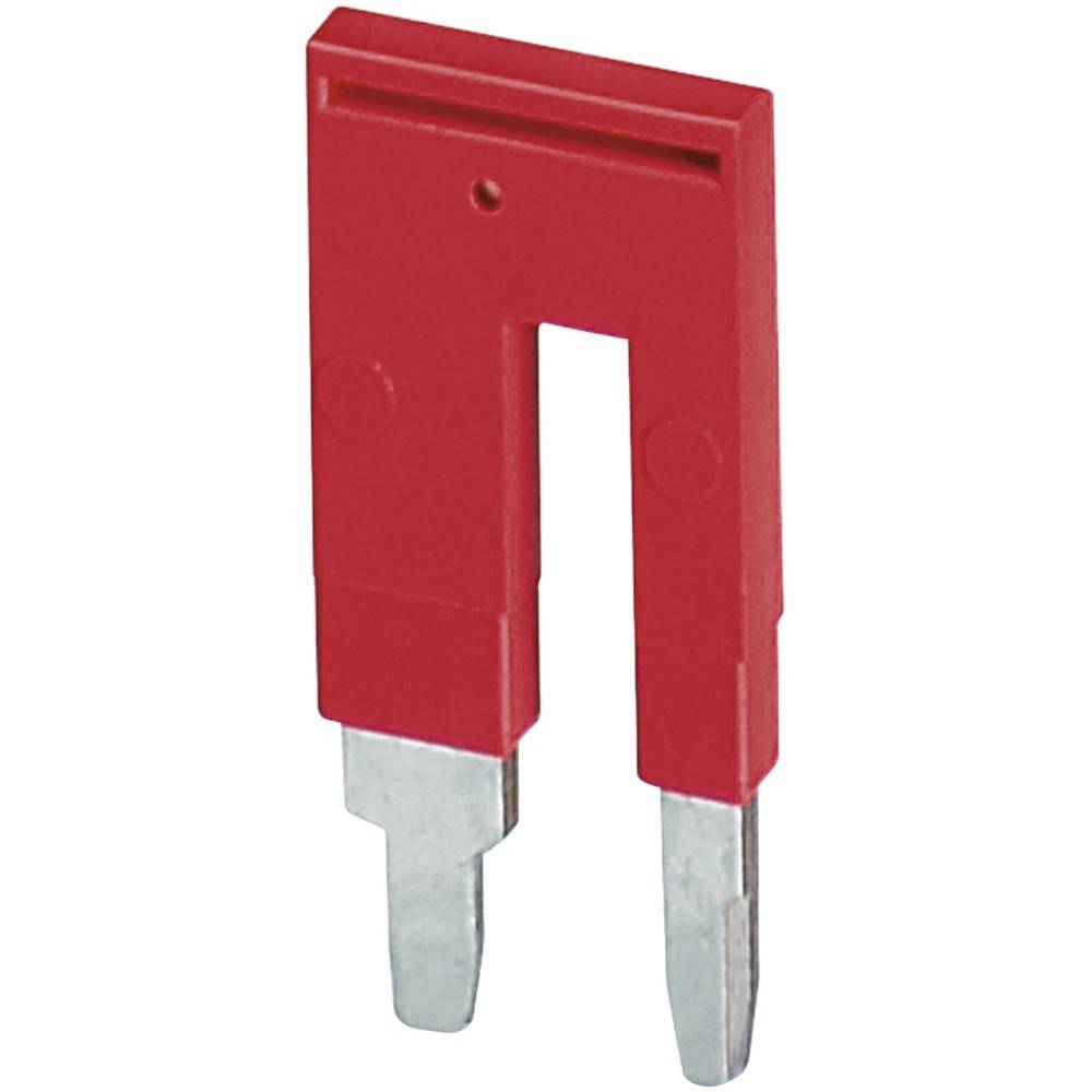Eine rote Jumper-Kappe, die zum Aufstecken auf einen Zwei-Pin-Header konzipiert ist und in der Elektronik häufig zur Konfiguration von Schaltungseinstellungen verwendet wird.