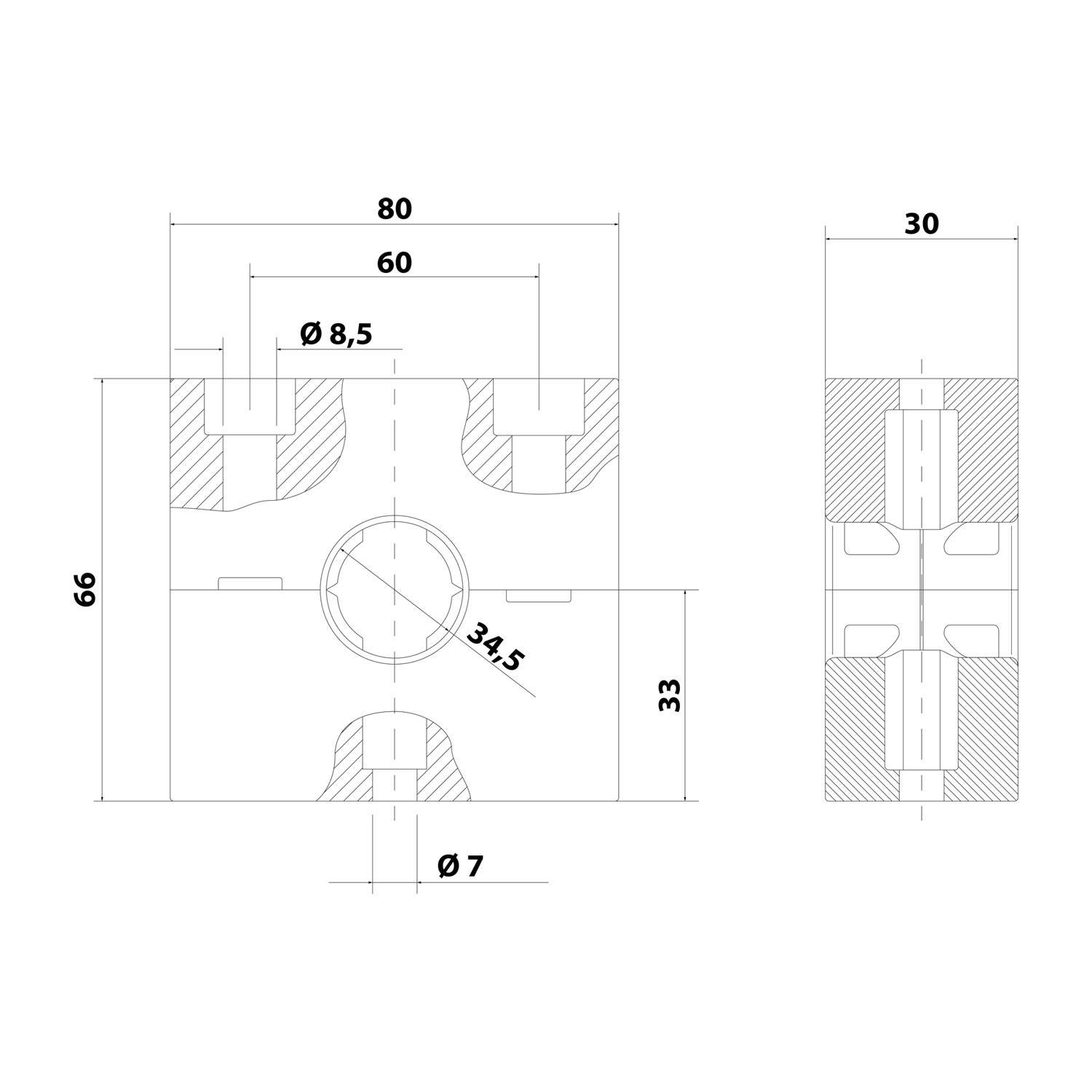 Eine technische Zeichnung, die zwei mechanische Komponenten mit Abmessungen zeigt: linkes Teil ist 80x66 mm mit einem zentralen Lochdurchmesser von 7 mm; rechtes Teil ist 30 mm breit.