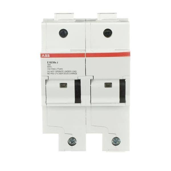 Ein weißer Zweipol-Leitungsschutzschalter mit roten Akzenten. Er verfügt über zwei Schalter und Schrauben zur Befestigung und wird zur elektrischen Stromkreisverwaltung eingesetzt.