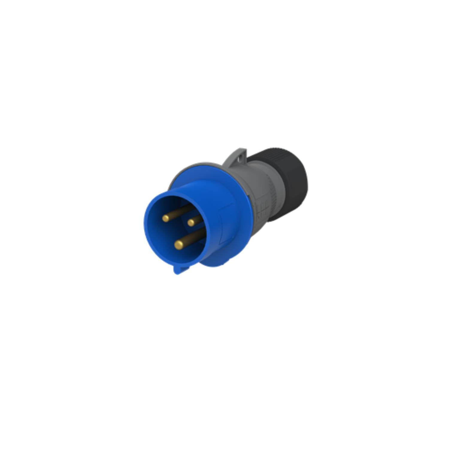 Ein blauer und grauer industrieller Stromstecker mit drei kreisrunden Metallstiften wird vor einem schlichten weißen Hintergrund gezeigt.