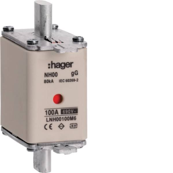 Eine Sicherung mit der Bezeichnung 'hager NH00 100A 690V 80kA IEC 60269-2' mit einem roten Indikator, die in elektrischen Systemen zum Schutz vor Überlastungen eingesetzt wird.