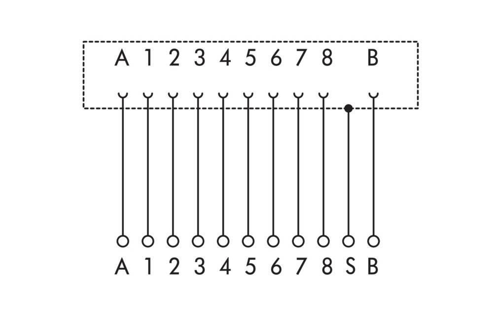 Strickmuster mit einer Wiederholung zwischen 'A' und 'B' mit nummerierten Maschen 1 bis 8 und einer speziellen Anweisung bei 'S'.
