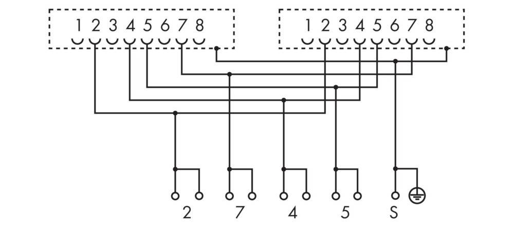 Eine Schaltskizze, die Verbindungen zwischen zwei Sätzen von nummerierten Anschlüssen zeigt: 5 zu 1, 6 zu 3, 7 zu 2, 8 zu 4 und 4 zu 5.
