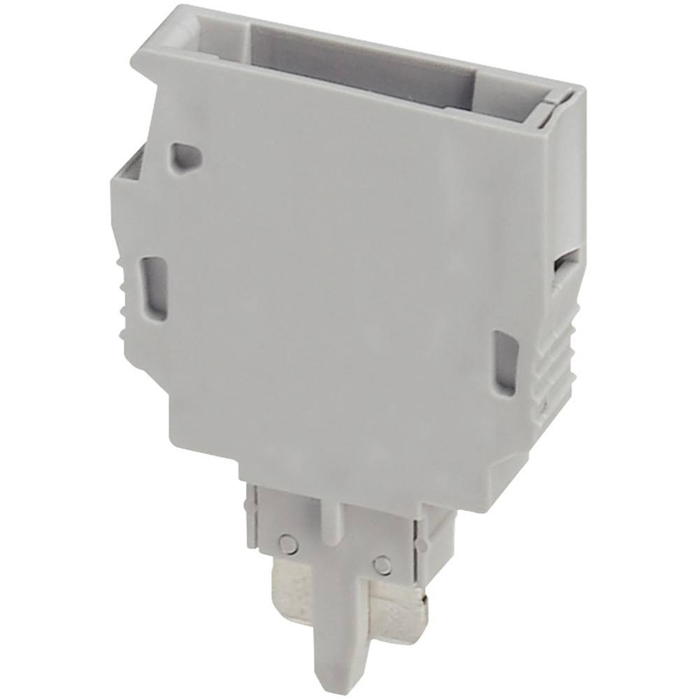 Ein grauer Kunststoff-Elektroverbinder mit rechteckiger Form und Nut-Details, der wahrscheinlich für modulare elektronische Verbindungen konzipiert ist.