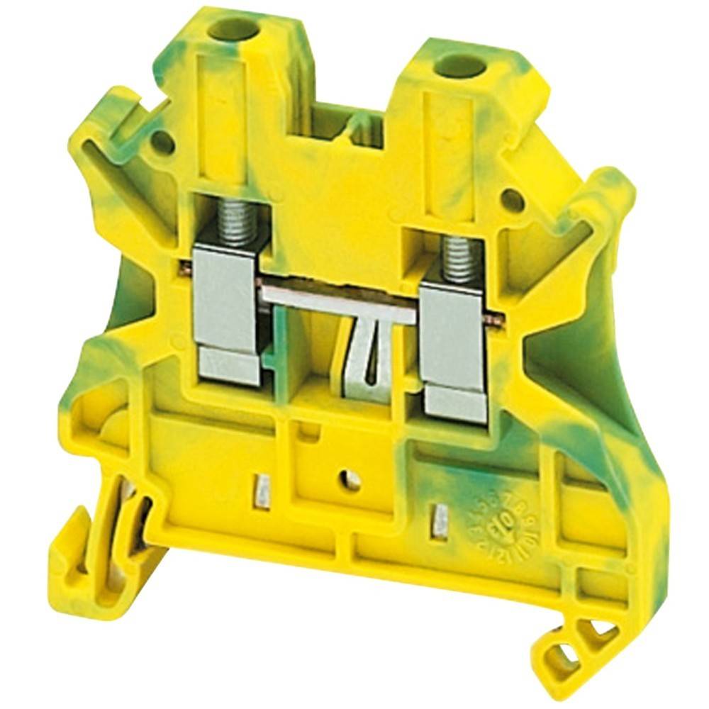Ein gelb-grüner Klemmenblock mit Metallverbindern, verwendet für elektrische Verdrahtung in Schaltschränken oder Verteilsystemen.