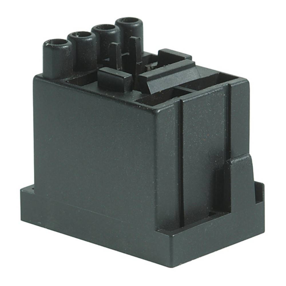 Ein schwarzer elektrischer Verbinder mit mehreren Anschlüssen oben, der zum Verbinden oder Trennen elektrischer Schaltkreise entwickelt wurde.