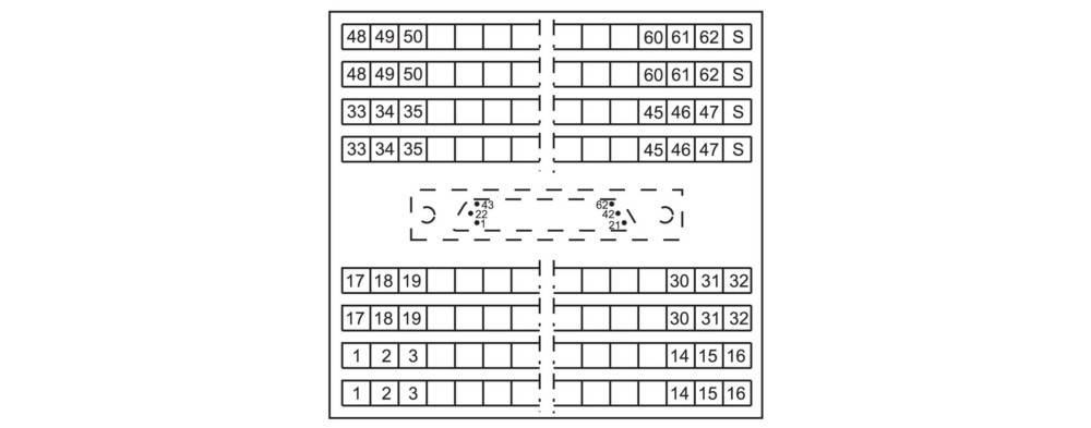 Parkplatzkonfiguration mit 63 Stellplätzen; oben rechts und links beschriftet mit 33-50 und 60-62/S, unten beschriftet mit 1-19 und 17-32.