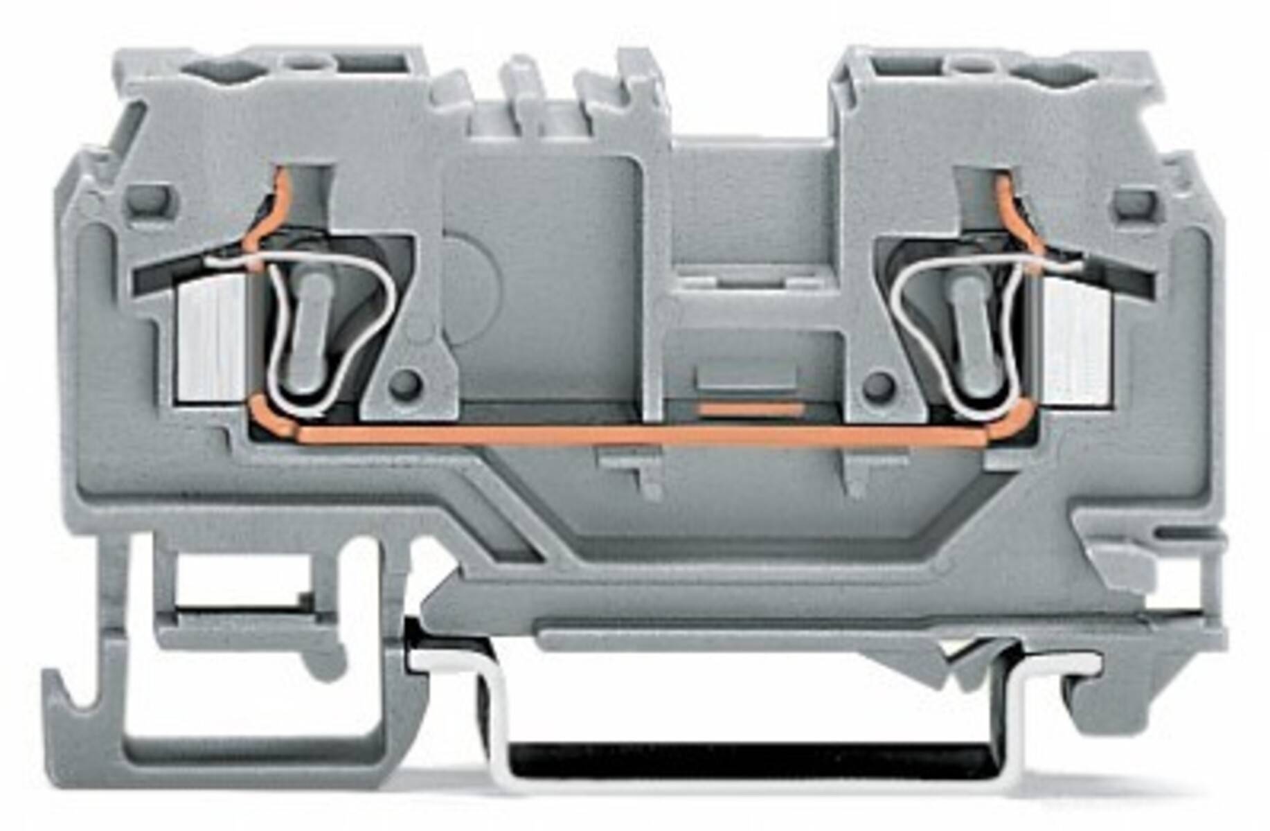 Eine Nahaufnahme eines grauen elektrischen Klemmenblocks mit sichtbaren Verdrahtungsanschlüssen, der zum sicheren Verbinden von Stromkreisen verwendet wird.