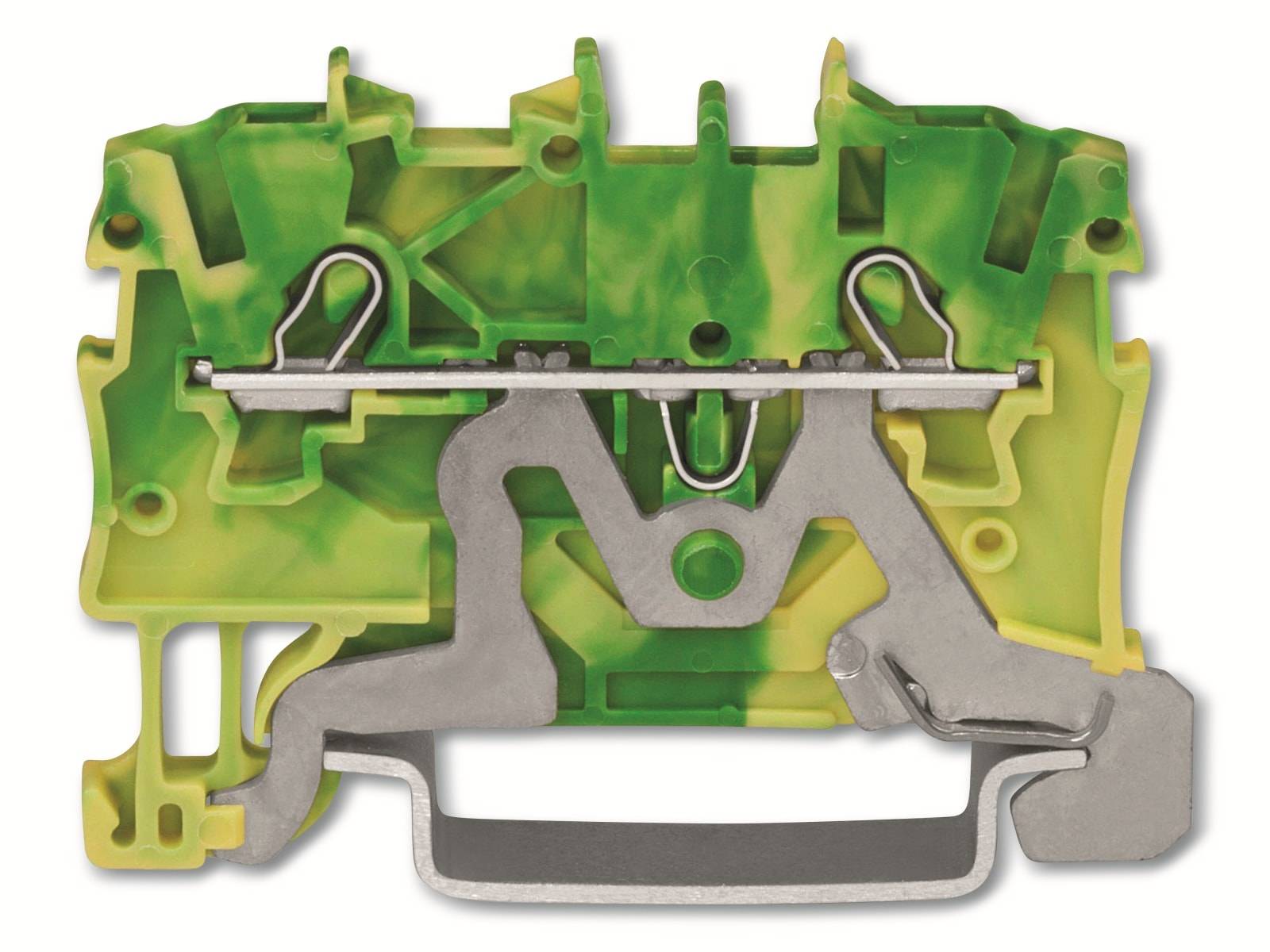 Querschnitt eines Elektroklemmenblocks mit internen Metallkontaktfedern und Steckergehäuse.