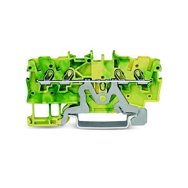 Querschnitt eines grünen und grauen Elektroklemmenblocks mit Metallfedern und Drahteinführungspunkten auf weißem Hintergrund.