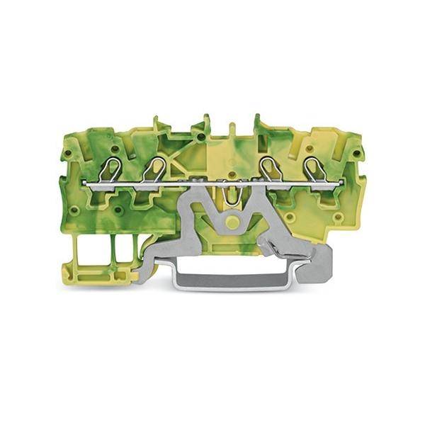 Schnittansicht eines grün-grauen Elektro-Anschlussblocks mit Metallkontaktklemmen und einem zentralen Spannmechanismus.