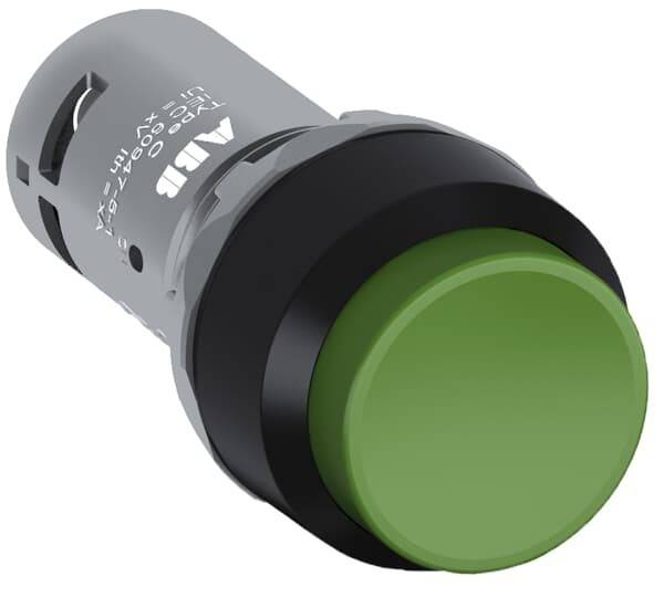 Ein grüner Drucktaster, zylindrisch in Form. Er verfügt über ein industrielles Design und wird häufig für Maschinensteuerung oder Bedienfelder verwendet.