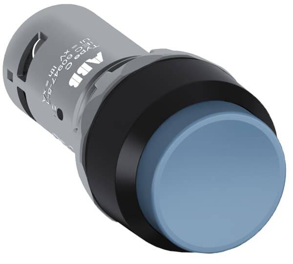 Eine Nahaufnahme eines blauen Drucktaster-Schalters mit einem silbernen und schwarzen zylindrischen Gehäuse, der eine metallische Basis mit Modelldetails zeigt.